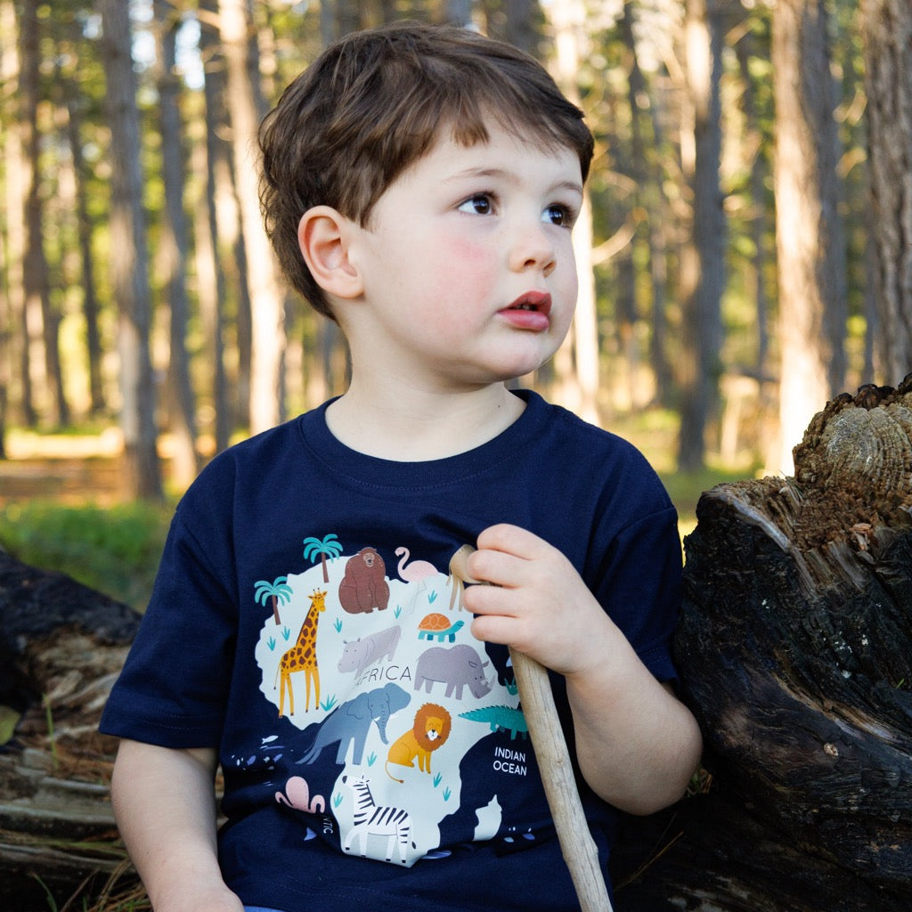 African Animals Map Kid's Navy Tee