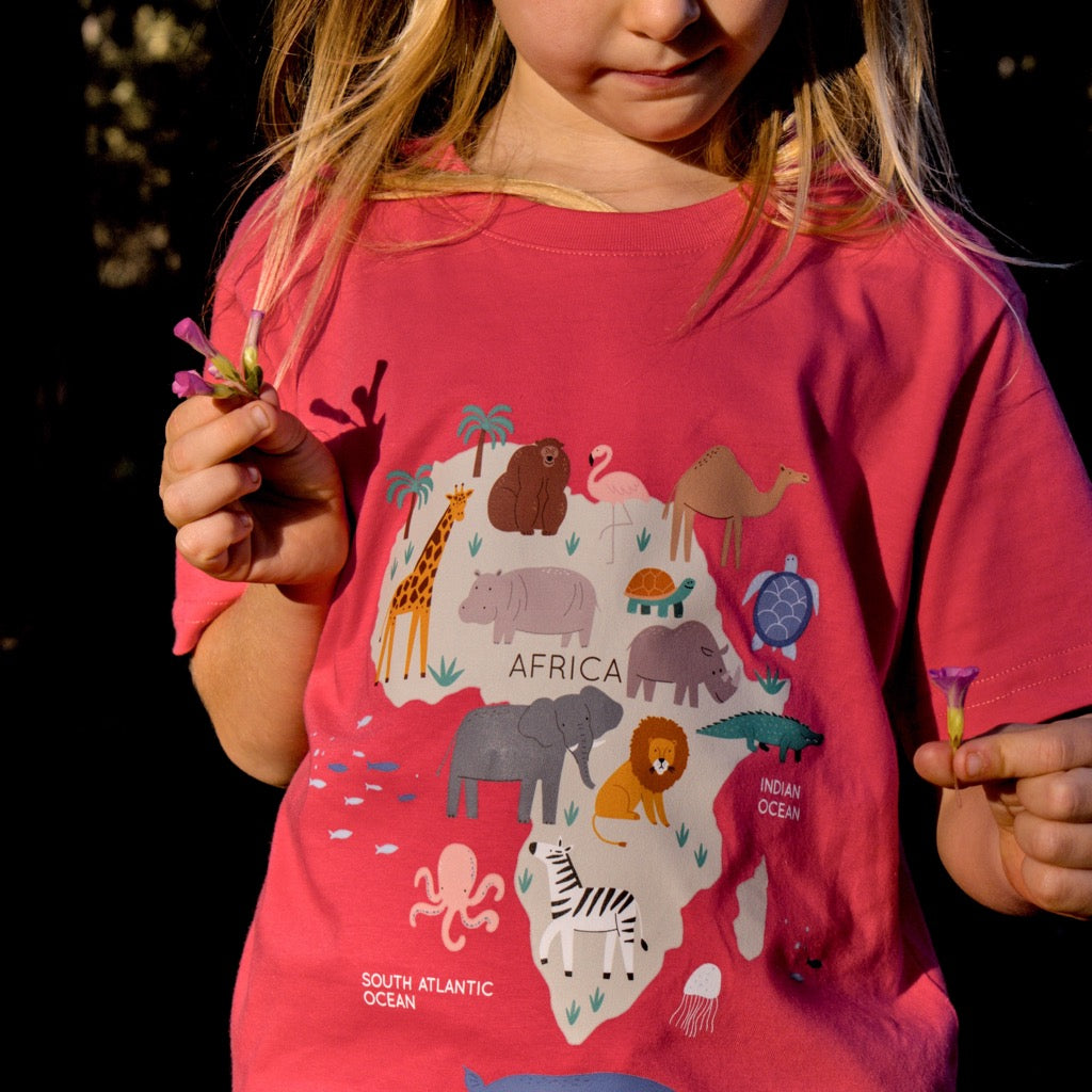 African Animals Map Kid's Coral Tee